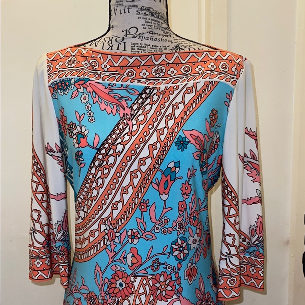 Donna Morgan Abstract Floral Print Pastel Blue Red Sheath Dress - Picture 3 of 5